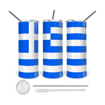 Greece flag, Tumbler ποτήρι θερμό από ανοξείδωτο ατσάλι 600ml, με μεταλλικό καλαμάκι & βούρτσα καθαρισμού