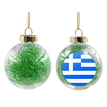 Greece flag, Transparent Christmas tree ball ornament with green filling 8cm