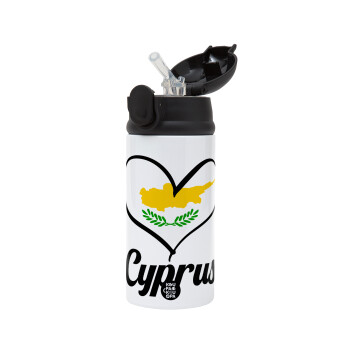 Cyprus flag, Children's hot water bottle, stainless steel, with safety straw, Black (360ml) BPA-FREE