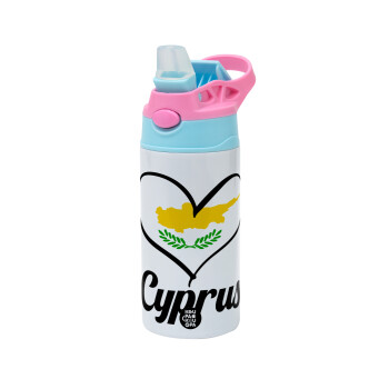 Cyprus flag, Children's hot water bottle, stainless steel, with safety straw, Pink/BlueCiel (360ml) BPA FREE