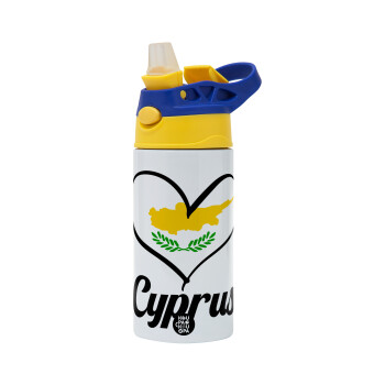 Cyprus flag, Children's hot water bottle, stainless steel, with safety straw, green, blue (360ml) BPA FREE