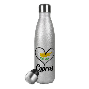 Cyprus flag, Μεταλλικό παγούρι θερμός Glitter Aσημένιο (Stainless steel), διπλού τοιχώματος, 500ml