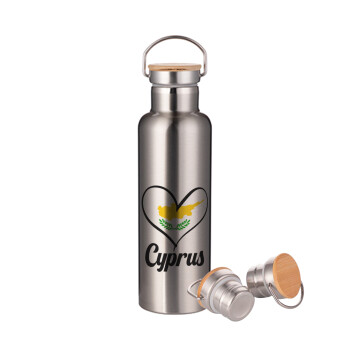 Cyprus flag, Stainless steel Silver with wooden lid (bamboo), double wall, 750ml