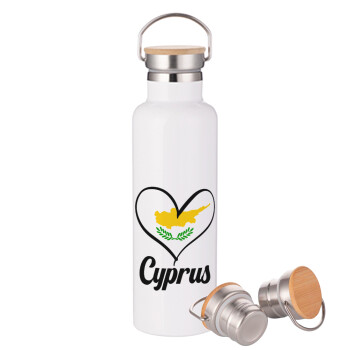 Cyprus flag, Μεταλλικό παγούρι θερμός (Stainless steel) Λευκό με ξύλινο καπακι (bamboo), διπλού τοιχώματος, 750ml