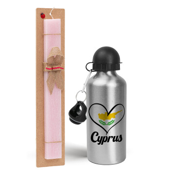 Cyprus flag, Easter Set, metallic Silver aluminum water bottle (500ml) & scented flat Easter candle (30cm) (PINK)