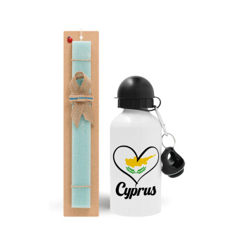 Cyprus flag, Easter Set, metallic aluminum water bottle (500ml) & scented flat candle (30cm) (TURQUOISE)