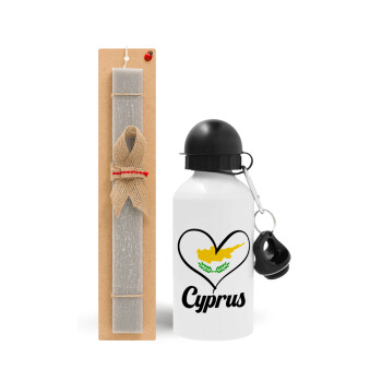 Cyprus flag, Easter Set, metallic aluminum water bottle (500ml) & aromatic flat Easter candle (30cm) (GRAY)