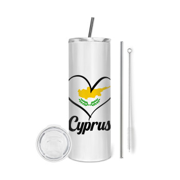 Cyprus flag, Tumbler ποτήρι θερμό από ανοξείδωτο ατσάλι 600ml, με μεταλλικό καλαμάκι & βούρτσα καθαρισμού