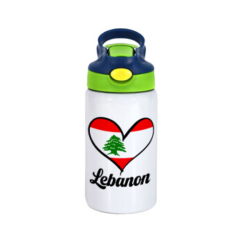 Lebanon flag, Children's hot water bottle, stainless steel, with safety straw, green, blue (350ml)