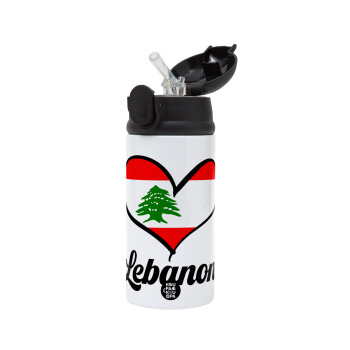 Lebanon flag, Children's hot water bottle, stainless steel, with safety straw, Black (360ml) BPA-FREE