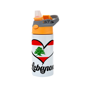 Lebanon flag, Children's hot water bottle, stainless steel, with safety straw, Orange/Grey (360ml) BPA-FREE