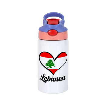 Lebanon flag, Children's hot water bottle, stainless steel, with safety straw, pink/purple (350ml)