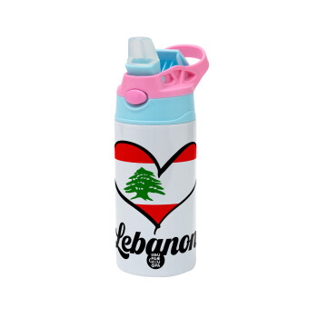 Lebanon flag, Children's hot water bottle, stainless steel, with safety straw, Pink/BlueCiel (360ml) BPA FREE