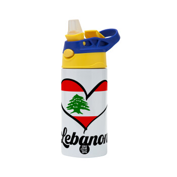 Lebanon flag, Children's hot water bottle, stainless steel, with safety straw, green, blue (360ml) BPA FREE