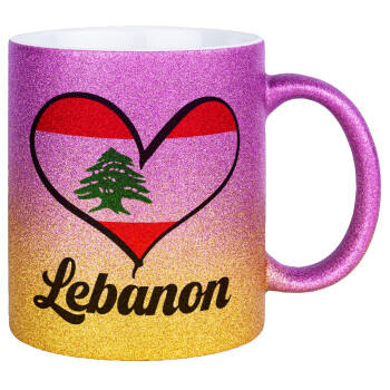 Lebanon flag, Κούπα Χρυσή/Ροζ Glitter, κεραμική, 330ml