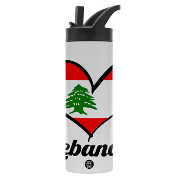 Lebanon flag, Μεταλλικό παγούρι θερμός με καλαμάκι & χειρολαβή, ανοξείδωτο ατσάλι (Stainless steel 304), διπλού τοιχώματος, 600ml