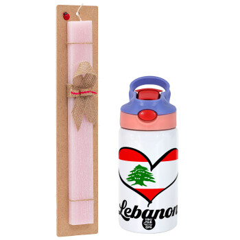 Lebanon flag, Easter Set, Children's thermal stainless steel water bottle with safety straw, pink/purple (350ml) & Easter scented flat candle (30cm) (PINK)