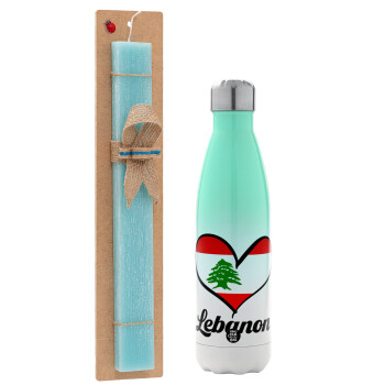 Lebanon flag, Easter Set, Metallic green/white thermos (Stainless steel), double-walled, 500ml & scented flat Easter candle (30cm) (TURQUOISE)