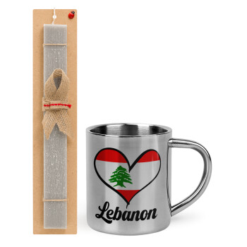 Lebanon flag, Πασχαλινό Σετ, μεταλλική κούπα θερμό (300ml) & πασχαλινή λαμπάδα αρωματική πλακέ (30cm) (ΓΚΡΙ)