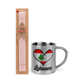 Lebanon flag, Easter Set, metallic thermal cup (300ml) & aromatic flat Easter candle (30cm) (PINK)