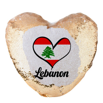 Lebanon flag, Μαξιλάρι καναπέ καρδιά Μαγικό Χρυσό με πούλιες 40x40cm περιέχεται το  γέμισμα