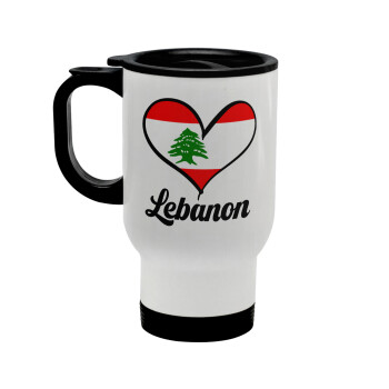 Lebanon flag, Stainless steel travel mug with lid, double wall white 450ml