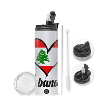 Lebanon flag, Travel Tumbler θερμό με διπλό καπάκι, μεταλλικό καλαμάκι και βούρτσα καθαρισμού (Ανωξείδωτο 304 Food grade, BPA free, 600ml)