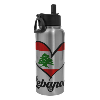 Lebanon flag, Metal mug thermo Silver with Straw and Spout Lid (Stainless steel), double wall, 950ml