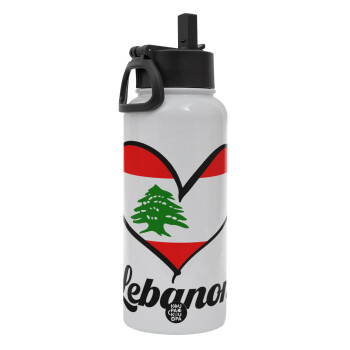 Lebanon flag, Metal mug thermo White with Straw and Spout Lid (Stainless steel), double wall, 950ml