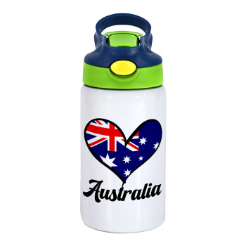 Australia flag, Children's hot water bottle, stainless steel, with safety straw, green, blue (350ml)