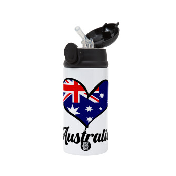 Australia flag, Children's hot water bottle, stainless steel, with safety straw, Black (360ml) BPA-FREE