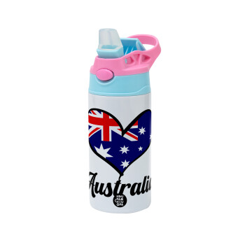 Australia flag, Children's hot water bottle, stainless steel, with safety straw, Pink/BlueCiel (360ml) BPA FREE