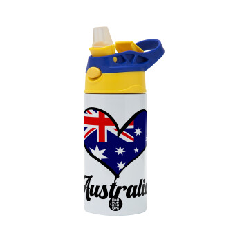 Australia flag, Children's hot water bottle, stainless steel, with safety straw, green, blue (360ml) BPA FREE