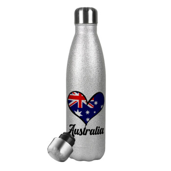 Australia flag, Metallic Glitter Silver Thermos Flask (Stainless steel), double-walled, 500ml