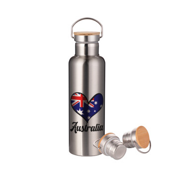 Australia flag, Stainless steel Silver with wooden lid (bamboo), double wall, 750ml