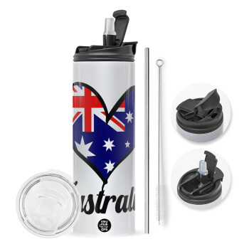 Australia flag, Travel Tumbler θερμό με διπλό καπάκι, μεταλλικό καλαμάκι και βούρτσα καθαρισμού (Ανωξείδωτο 304 Food grade, BPA free, 600ml)