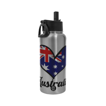 Australia flag, Metal mug thermo Silver with Straw and Spout Lid (Stainless steel), double wall, 950ml