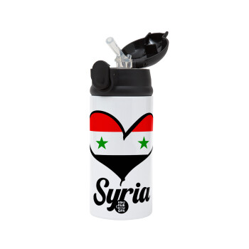 Syria flag, Children's hot water bottle, stainless steel, with safety straw, Black (360ml) BPA-FREE