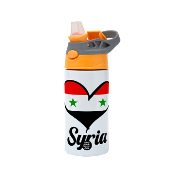 Syria flag, Children's hot water bottle, stainless steel, with safety straw, Orange/Grey (360ml) BPA-FREE