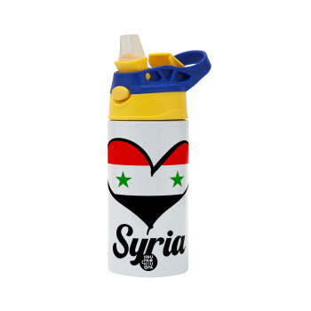 Syria flag, Children's hot water bottle, stainless steel, with safety straw, green, blue (360ml) BPA FREE