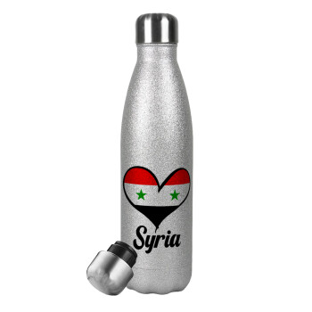 Syria flag, Metallic Glitter Silver Thermos Flask (Stainless steel), double-walled, 500ml