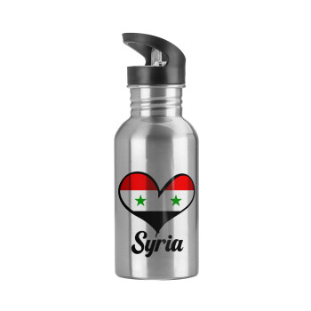 Syria flag, Παγούρι νερού Ασημένιο με καλαμάκι, ανοξείδωτο ατσάλι 600ml