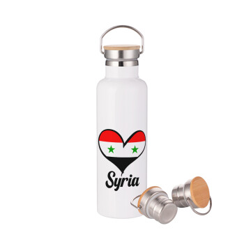 Syria flag, Μεταλλικό παγούρι θερμός (Stainless steel) Λευκό με ξύλινο καπακι (bamboo), διπλού τοιχώματος, 750ml