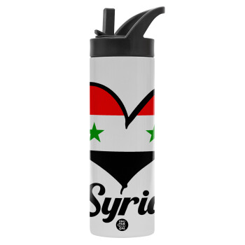 Syria flag, Μεταλλικό παγούρι θερμός με καλαμάκι & χειρολαβή, ανοξείδωτο ατσάλι (Stainless steel 304), διπλού τοιχώματος, 600ml