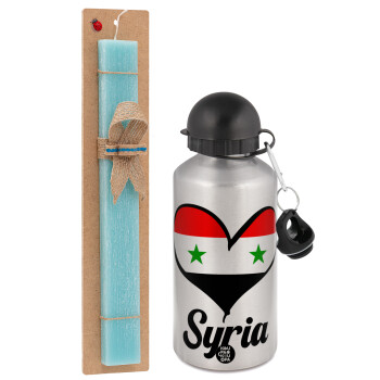 Syria flag, Easter Set, metallic silver aluminum water bottle (500ml) & scented flat Easter candle (30cm) (TURQUOISE)