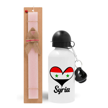 Syria flag, Easter Set, metallic aluminum bottle (500ml) & aromatic flat Easter candle (30cm) (PINK)