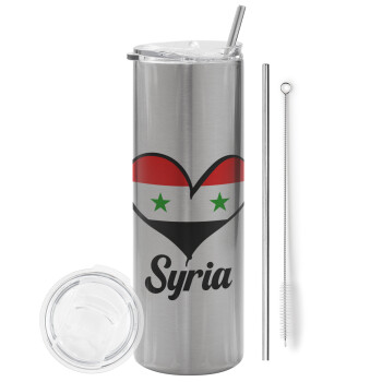 Syria flag, Eco friendly stainless steel Silver tumbler 600ml, with metal straw & cleaning brush