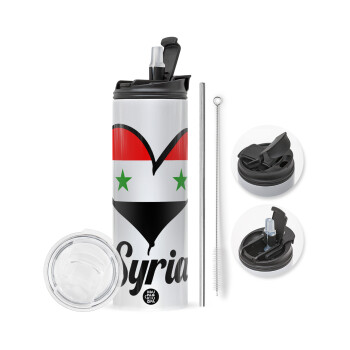 Syria flag, Travel Tumbler θερμό με διπλό καπάκι, μεταλλικό καλαμάκι και βούρτσα καθαρισμού (Ανωξείδωτο 304 Food grade, BPA free, 600ml)