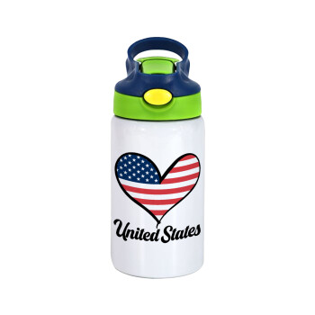 USA flag, Children's hot water bottle, stainless steel, with safety straw, green, blue (350ml)