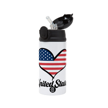 USA flag, Children's hot water bottle, stainless steel, with safety straw, Black (360ml) BPA-FREE